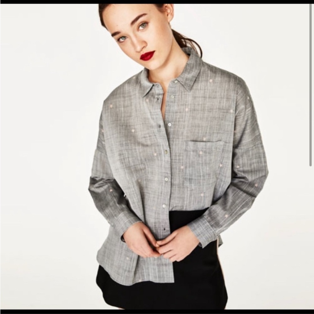 Zara Top Oversize Boxy Button Up Star Shirt Gray and Pink